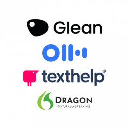 Logo of Glean, Otter, Texthelp and Dragon software.
