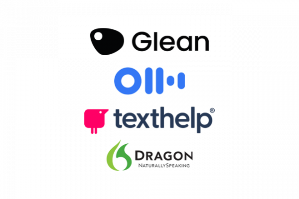 Logo of Glean, Otter, Texthelp and Dragon software.