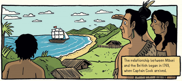 An illustration of 3 Māori looking out to sea where they can see Captain Cook's ship arriving