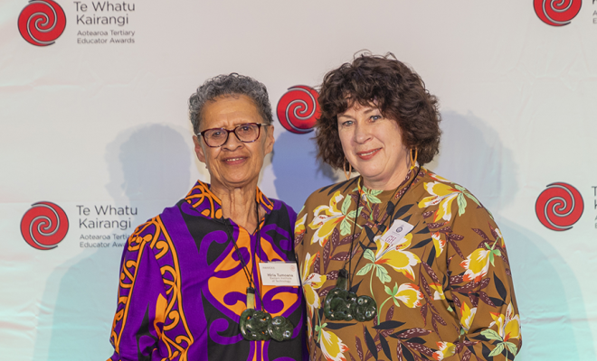 Hiria tumoana and Kerry davis receive the educator of the year award