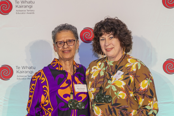 Hiria tumoana and Kerry davis receive the educator of the year award