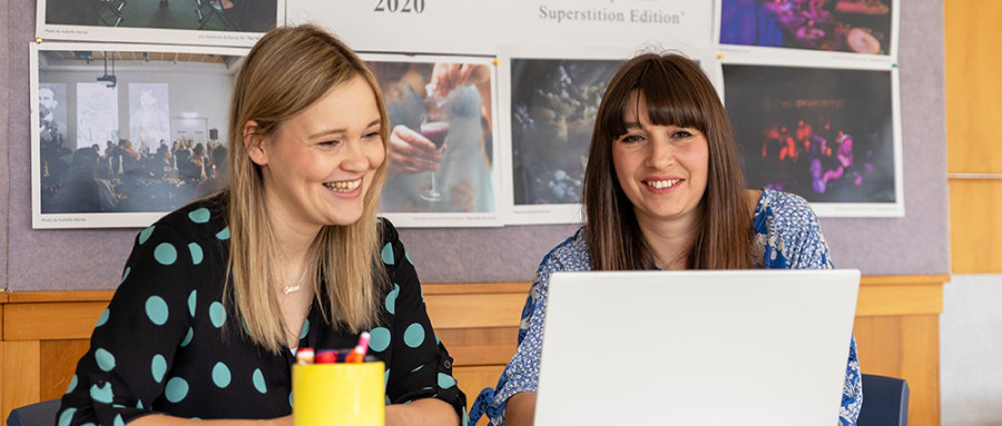Juliane Tautz and Chloe Humphreys conduct a video call with a distance student