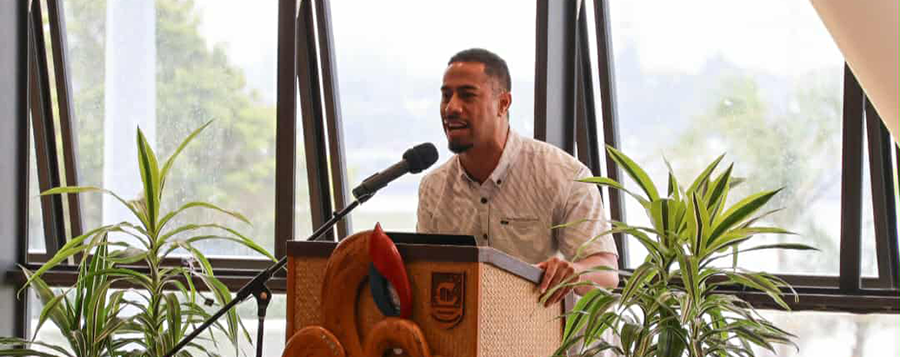 Associate Professor Dion Enari addresses the crowd