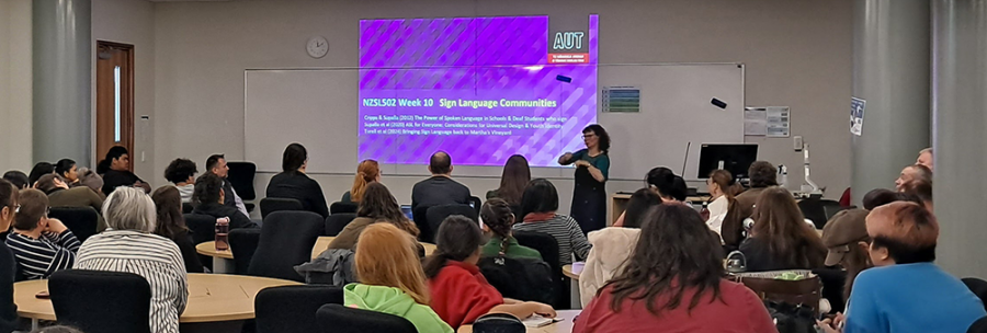 A member of the NZSL team presenting to a conference