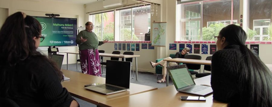 Haani Huata-Allen addresses students in the classroom